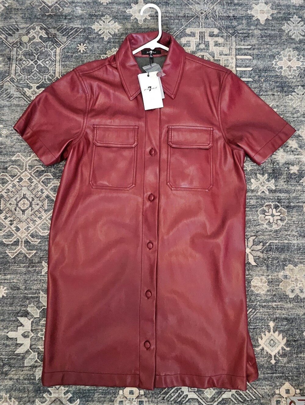 7 For All Mankind Faux Leather Button-Down Shirt Dress – Burgundy – Size L – NWT